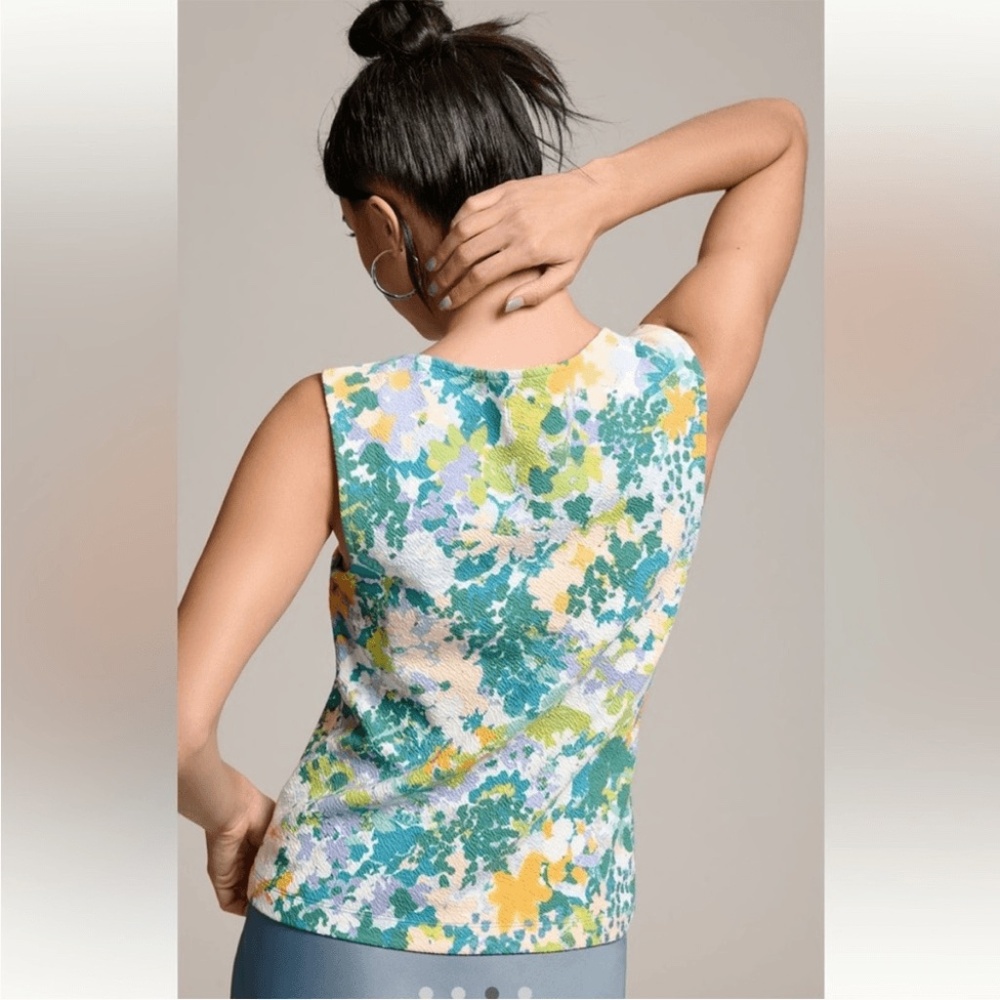 Maeve Anthropologie Boat-neck top, blue floral textured fabric, XXS